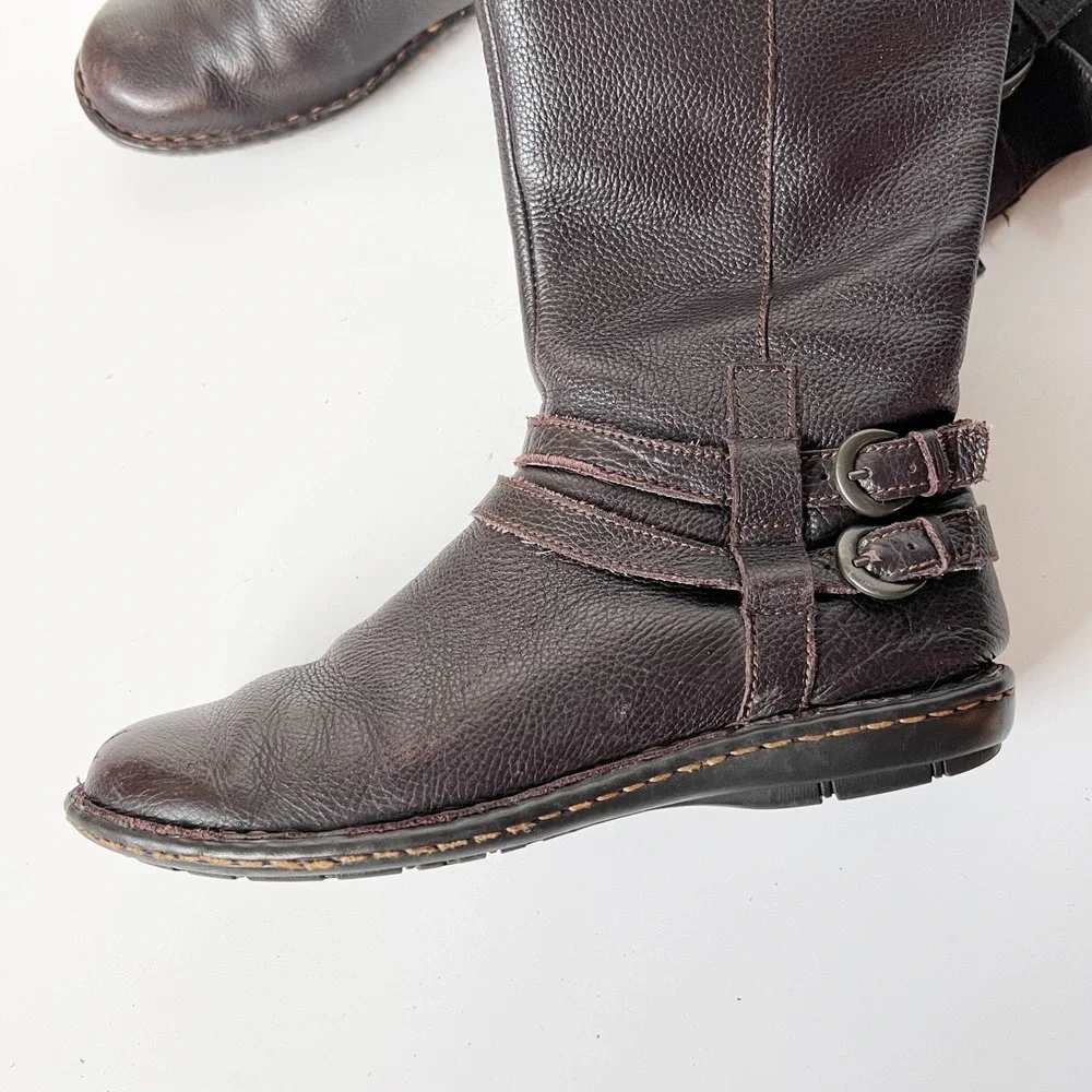 Vintage Y2K Brown Leather Knee High Buckle Boots Tall Riding‎ Moto Biker Boho 8